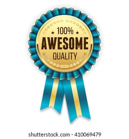 Gold awesome  quality badge / rosette with blue ribbon
