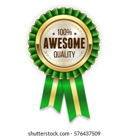 Gold awesome quality rosette / badge with green ribbon on white background