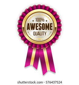 Gold awesome quality rosette / badge with purple ribbon on white background