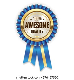 Gold awesome quality rosette / badge with blue ribbon on white background