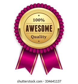 Gold awesome quality rosette with purple ribbon on white background