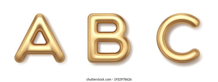 Gold a b c 3d balloons letters vector icons. Precious yellow metal font with shiny highlights and luxurious style. Typographic elegant alphabet set for exclusive advertising and glamorous holidays.