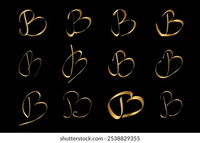 Gold B Letter Alphabet Initial Cursive Hand Written Set for Logo Brand