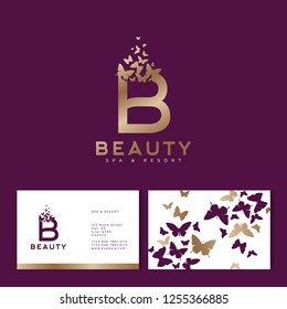 Gold B letter with flying butterflies. Beauty logo. Emblem for Spa, Cosmetics, Fashion, Tailor shop or Jewelry. Identity. Business Card.