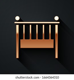 Gold Baby crib cradle bed icon isolated on black background. Long shadow style. Vector Illustration