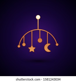 Gold Baby crib hanging toys icon isolated on dark blue background. Baby bed carousel.  Vector Illustration