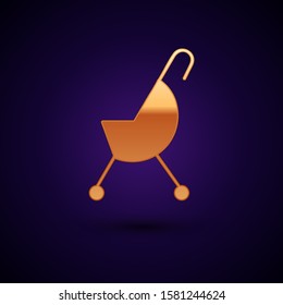 Gold Baby stroller icon isolated on dark blue background. Baby carriage, buggy, pram, stroller, wheel.  Vector Illustration