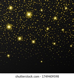 Gold backdrop with stars and dust sparkles isolated on dark transparent background. Celebratory magical Christmas shining light effect. Vector illustration.