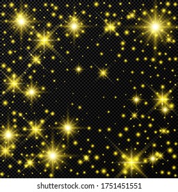 Gold backdrop with stars and dust sparkles isolated on dark transparent background. Celebratory magical Christmas shining light effect. Vector illustration.
