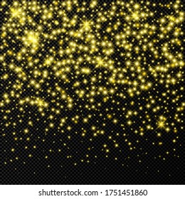 Gold backdrop with stars and dust sparkles isolated on dark transparent background. Celebratory magical Christmas shining light effect. Vector illustration.