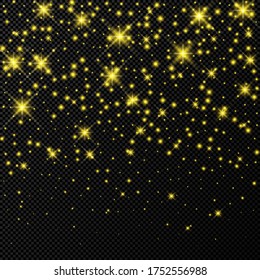 Gold backdrop with stars and dust sparkles isolated on dark transparent background. Celebratory magical Christmas shining light effect. Vector illustration.