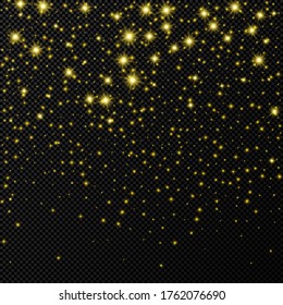 Gold backdrop with stars and dust sparkles isolated on dark transparent background. Celebratory magical Christmas shining light effect. Vector illustration.
