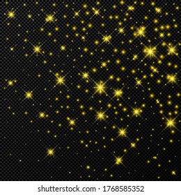 Gold backdrop with stars and dust sparkles isolated on dark transparent background. Celebratory magical Christmas shining light effect. Vector illustration.