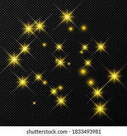 Gold backdrop with stars and dust sparkles isolated on dark transparent background. Celebratory magical Christmas shining light effect. Vector illustration.