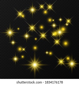 Gold backdrop with stars and dust sparkles isolated on dark transparent background. Celebratory magical Christmas shining light effect. Vector illustration.