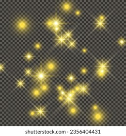 Gold backdrop with stars and dust sparkles isolated on dark transparent background. Celebratory magical Christmas shining light effect. Vector illustration