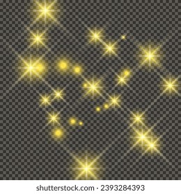 Gold backdrop with stars and dust sparkles isolated on dark transparent background. Celebratory magical Christmas shining light effect. Vector illustration