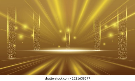 Gold background abstract geometric shapes luxury design lighting wallpaper.Realistic layer elegant futuristic glossy light.Cover layout template.