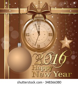 Gold background with clock and Christmas decorations. Happy New Year 2016. Vector Christmas card.