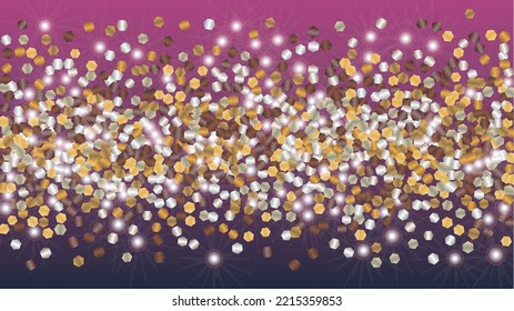 Fondo dorado con confetti de partículas de brillo. Sparkle Luces Textura. Patrón de aniversario. Puntos de luz. Star Dust. Explosión de Confetti. Diseño en venta.