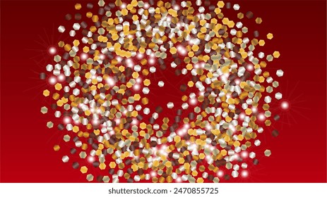Gold Background with Confetti of Glitter Particles. Sparkle Lights Texture. Celebration pattern. Light Spots. Star Dust. Explosion of Confetti. Design for Template.