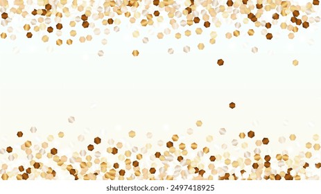 Goldener Hintergrund mit Konfetti aus Glitzerpartikeln. Leuchttextur für Funkeln. Feierliches Muster. Lichtflecken. Sternenstaub. Explosion von Konfetti. Design für Flyer.