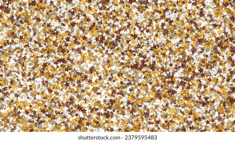 Goldener Hintergrund mit Confetti von Glitter Star Particles. Frische Lichter Textur. Geburtstagsmuster. Lichtpunkte. Sternstaub. Christmasse Design. Explosion von Confetti. Design für Werbung.