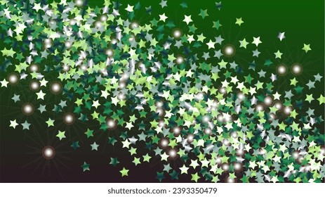 Goldener Hintergrund mit Confetti von Glitter Star Particles. Frische Lichter Textur. Geburtstagsmuster. Lichtpunkte. Sternstaub. Christmasse Design. Explosion von Confetti. Design für die Einladung.