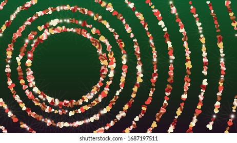 Gold Background with Confetti of Hearts Glitter Particles. St. Valentine Day. Disco pattern. Light Spots. Explosion of Confetti. Glitter Vector Illustration. Design for Invitation.