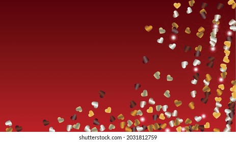 Fondo dorado con Confetti de partículas de brillo cardíaco. Día de San Valentín. Patrón de aniversario. Puntos de luz. Explosión de Confetti. Ilustración del vector de brillo. Diseño en venta.