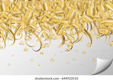 Gold Background with Falling Hearts and Serpentine. Luxery Vector Illustration