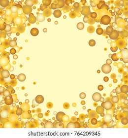 Gold background. Gold frame for decoration. Yellow and gold circles on white background. Vector colorful round confetti splash isolated on white background. Circles confetti fall from top to bottom.