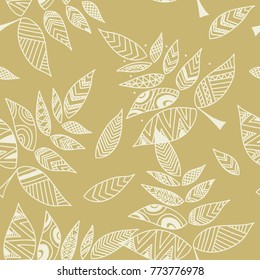 Gold background with geometric pattern branch and leaves, nature ornament, floral decorative element, vector design.