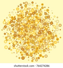 Gold background. Golden spot in the center. Yellow and gold circles on white background. Vector colorful round confetti splash isolated on white background. Vector illustration.