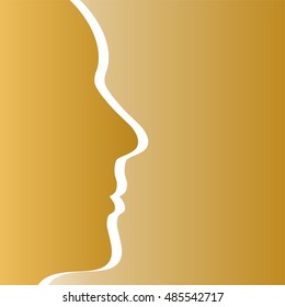 Gold background with gold human head in profile left with a white contour