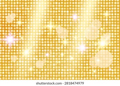 Gold background with large circular tile and translucent bokeh light. Warm golden glow and star flares brighten the reflective mosaic. Dreamy vector background for Christmas celebration poster design