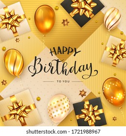 Gold background with lettering Happy Birthday, holiday balloons, realistic gifts with golden bows and confetti. Illustration can be used for holiday design, poster, card, website, banner