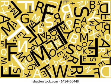Gold background with letters scattered chaotic, vector illustration