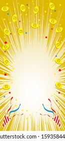 Gold background material with bit coins and lots of colorful confetti,
Half page  size