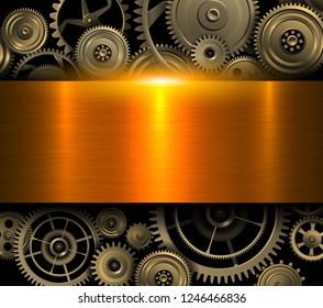 Gold background metallic with technology gears, 3D vector illustration.