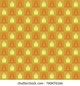 
Gold background with red contour Christmas tree and green gift with white ribbon alternately in a row side by side and below them