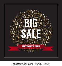 Gold background of sale in a frame. Luxury background with abstract sphere of shiny gold sequins with red stripe