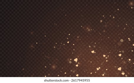 A gold background with shimmering particles and bright hearts on a transparent gradient. Perfect for romantic designs, festive visuals or elegant holiday overlays.