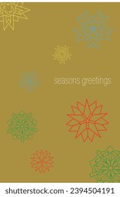 A gold background with simple mandalas and the words Seasons Greetings. Illustration vector.