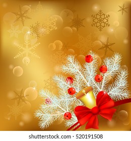 Gold Background With Snowflake. New Year.  Background With Snowflake, Vector Illustration. Winter holidays background. Bow. Spruce branches. Ribbon. Rowan. Bell. 