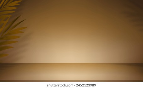 Gold Background Wall Studio Room with Palm leaves Shadow on floor.Empty Golden Backdrop Stage Show with neon light for product presentation,Vector 3D Brown metallic metal Display Table Top