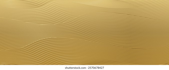 Gold background with wavy lines, creating a textured gold background. The style is elegant and smooth, with a shimmering gold effect. Modern wavy line pattern background. Gold background vector.