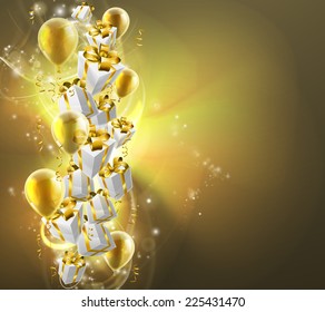 Gold background with wrapped presents and balloons on an abstract background. Great for Christmas, birthdays or other celebrations.