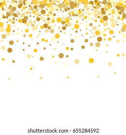 Gold background. Yellow and gold circles on white background. Vector colorful round confetti splash isolated on white background. Circles confetti fall from top to bottom. Postcard design.