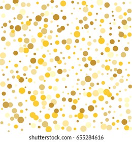 Gold background. Yellow and gold circles on white background. Vector colorful round confetti splash isolated on white background. Circles confetti fall from top to bottom.